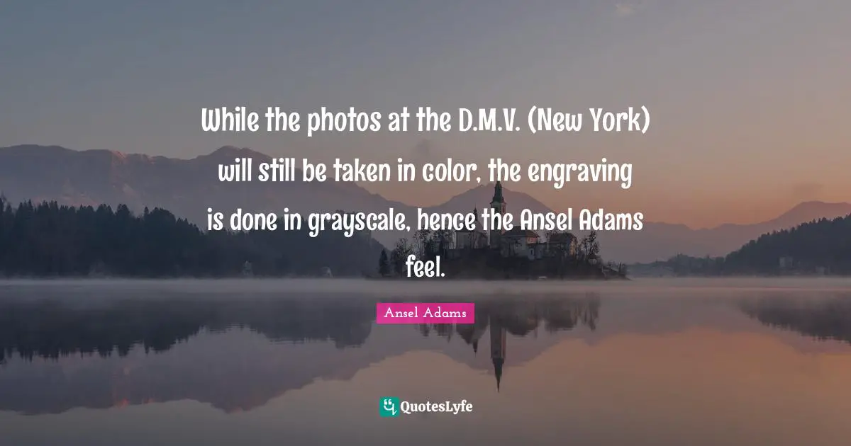 While the photos at the D.M.V. (New York) will still be taken in color, the engraving is done in grayscale, hence the Ansel Adams feel.