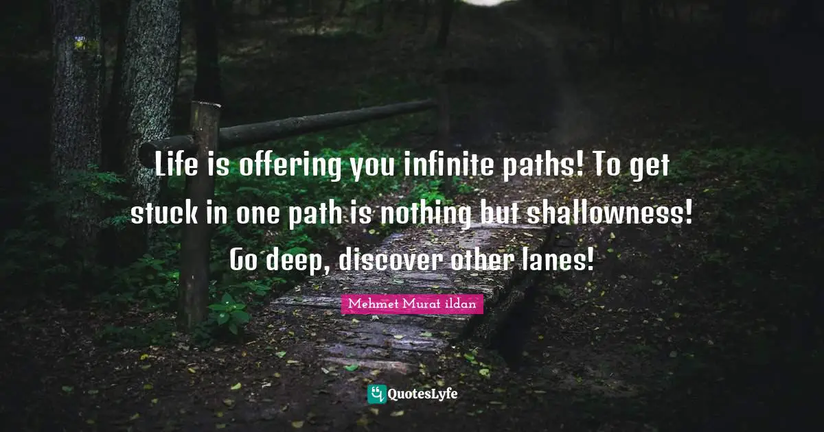 Mehmet Murat ildan Quotes: Life is offering you infinite paths! To get stuck in one path is nothing but shallowness! Go deep, discover other lanes!