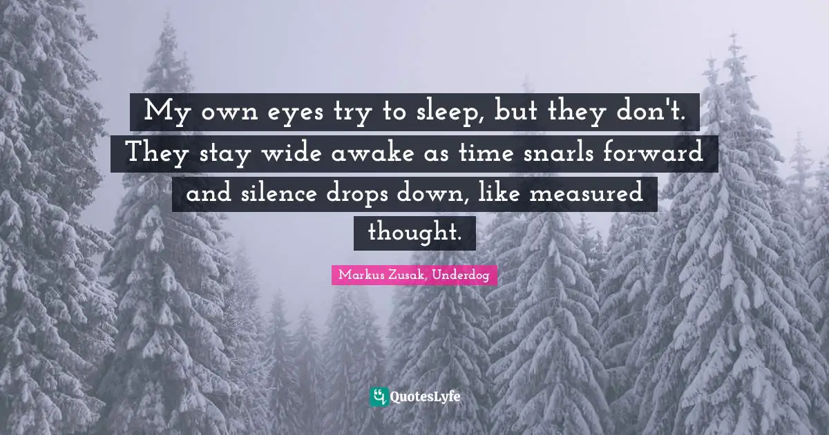 Markus Zusak, Underdog Quotes: "My own eyes try to sleep, but they don't. They stay wide awake as time snarls forward and silence drops down, like measured thought."