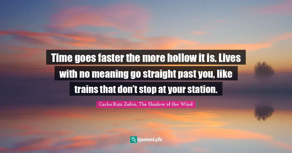 Carlos Ruiz Zafón, The Shadow Of The Wind Quotes: "Time goes faster the more hollow it is. Lives with no meaning go straight past you, like trains that don’t stop at your station."