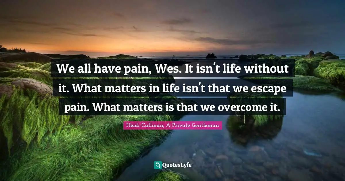 We all have pain, Wes. It isn't life without it. What matters in life isn't that we escape pain. What matters is that we overcome it.