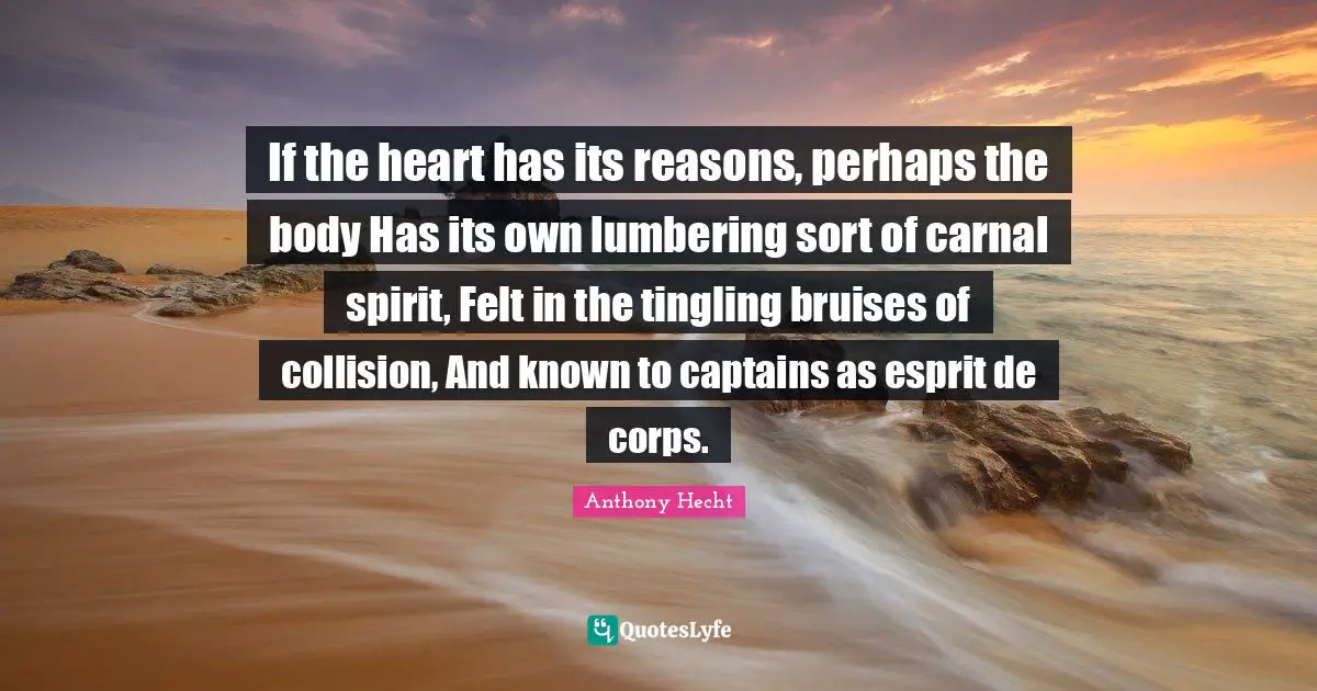 Esprit De Corps Quotes: "If the heart has its reasons, perhaps the body Has its own lumbering sort of carnal spirit, Felt in the tingling bruises of collision, And known to captains as esprit de corps."