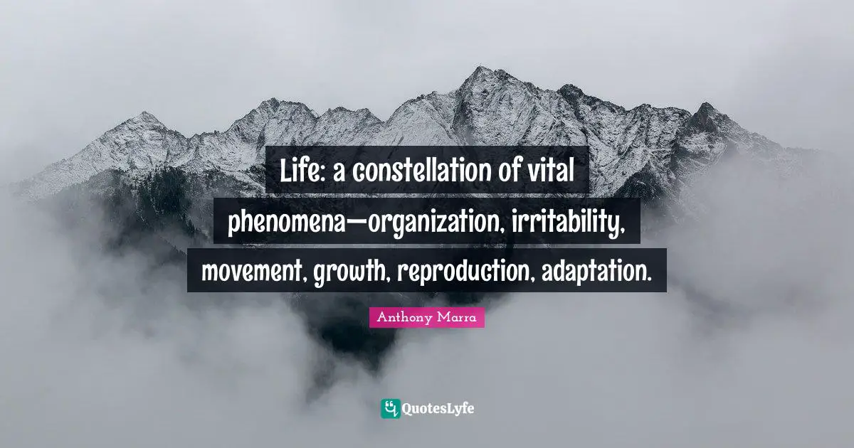 Life: a constellation of vital phenomena—organization, irritability, movement, growth, reproduction, adaptation.