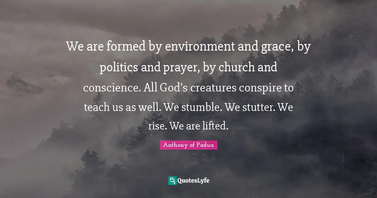 Conscience Quotes: "We are formed by environment and grace, by politics and prayer, by church and conscience. All God's creatures conspire to teach us as well. We stumble. We stutter. We rise. We are lifted."