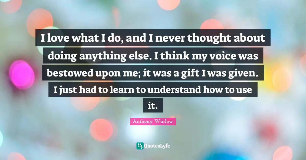 I love what I do, and I never thought about doing anything else. I think my voice was bestowed upon me; it was a gift I was given. I just had to learn to understand how to use it.