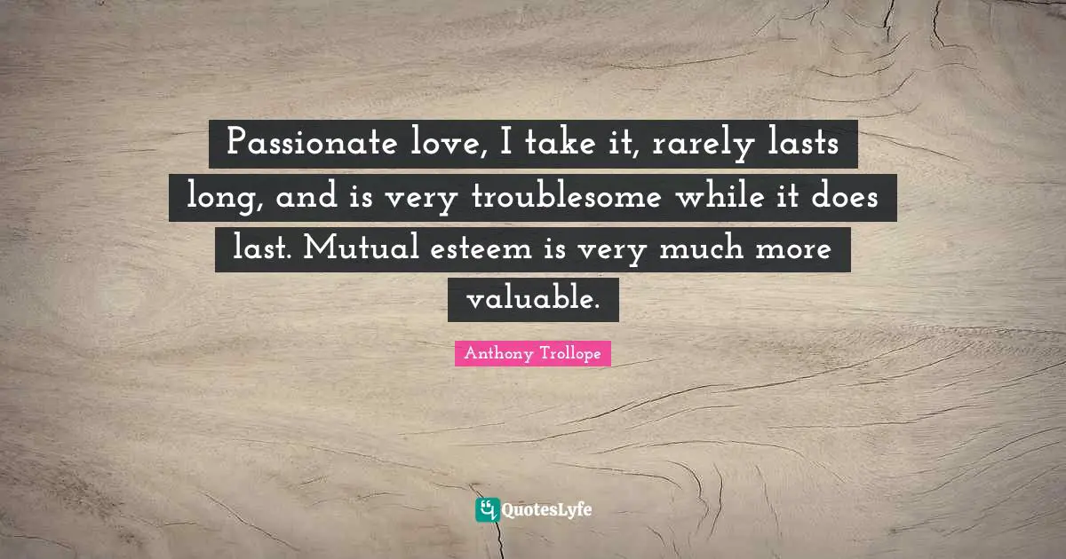 Passionate love, I take it, rarely lasts long, and is very troublesome while it does last. Mutual esteem is very much more valuable.