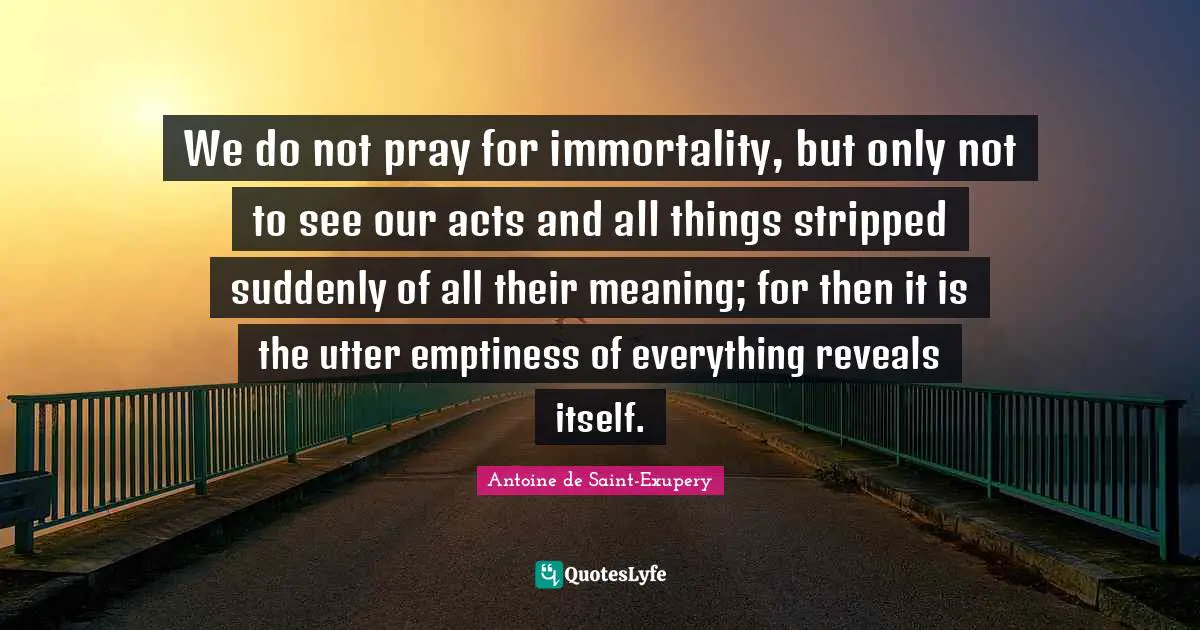 We do not pray for immortality, but only not to see our acts and all things stripped suddenly of all their meaning; for then it is the utter emptiness of everything reveals itself.