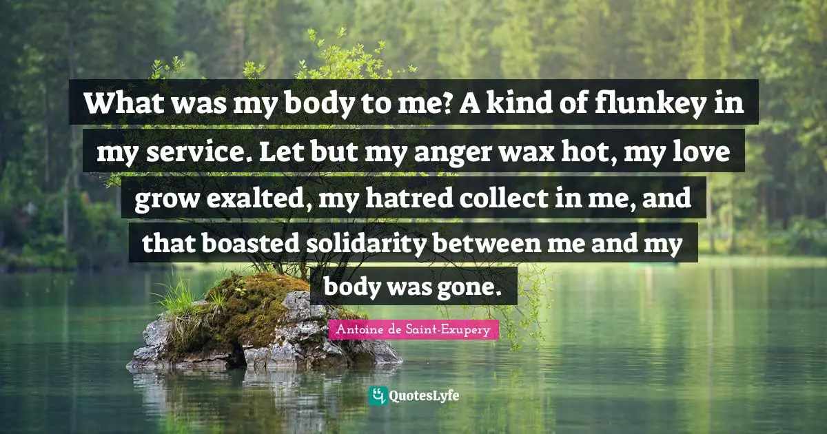 What was my body to me? A kind of flunkey in my service. Let but my anger wax hot, my love grow exalted, my hatred collect in me, and that boasted solidarity between me and my body was gone.