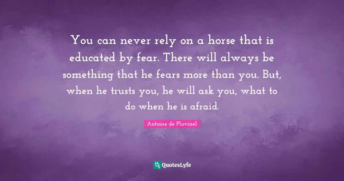 Educated Quotes: "You can never rely on a horse that is educated by fear. There will always be something that he fears more than you. But, when he trusts you, he will ask you, what to do when he is afraid."