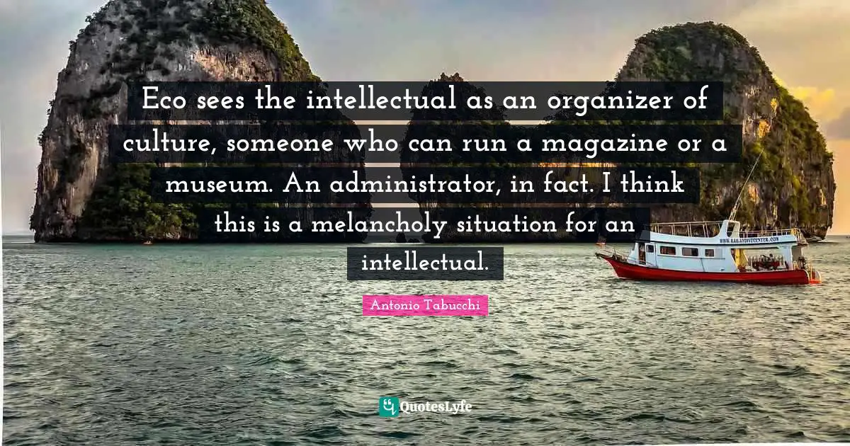 Eco sees the intellectual as an organizer of culture, someone who can run a magazine or a museum. An administrator, in fact. I think this is a melancholy situation for an intellectual.