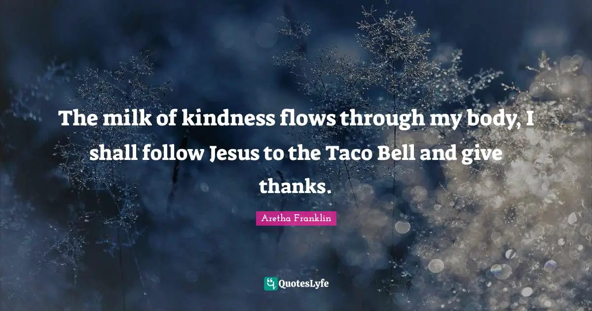 Aretha Franklin Quotes: "The milk of kindness flows through my body, I shall follow Jesus to the Taco Bell and give thanks."