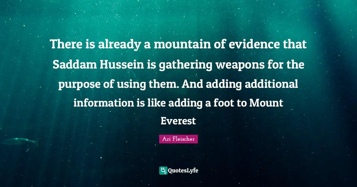 Ari Fleischer Quotes: "There is already a mountain of evidence that Saddam Hussein is gathering weapons for the purpose of using them. And adding additional information is like adding a foot to Mount Everest"