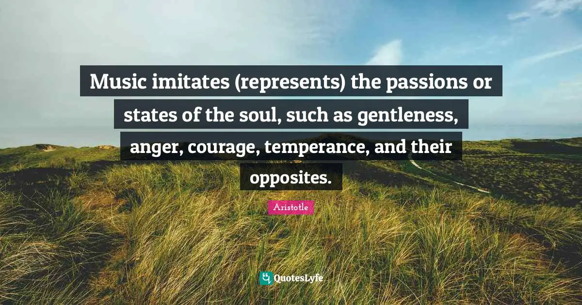 Music imitates (represents) the passions or states of the soul, such as gentleness, anger, courage, temperance, and their opposites.