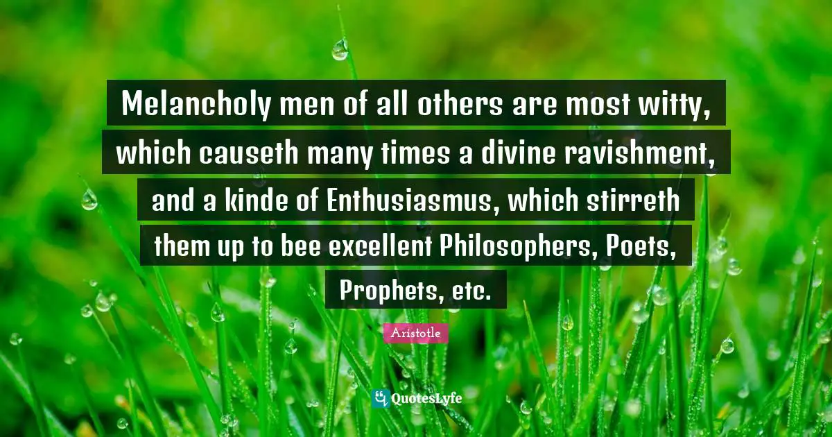 Melancholy men of all others are most witty, which causeth many times a divine ravishment, and a kinde of Enthusiasmus, which stirreth them up to bee excellent Philosophers, Poets, Prophets, etc.