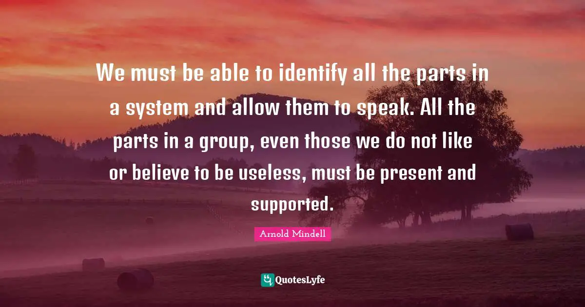 We must be able to identify all the parts in a system and allow them to speak. All the parts in a group, even those we do not like or believe to be useless, must be present and supported.