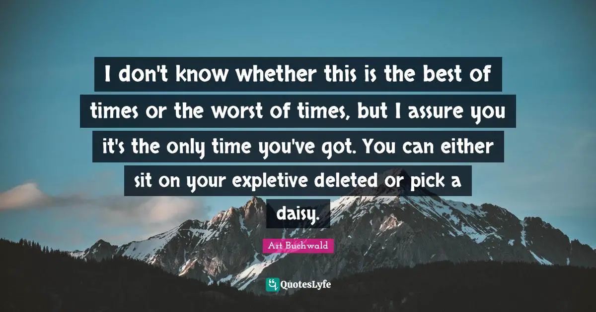 I don't know whether this is the best of times or the worst of times, but I assure you it's the only time you've got. You can either sit on your expletive deleted or pick a daisy.
