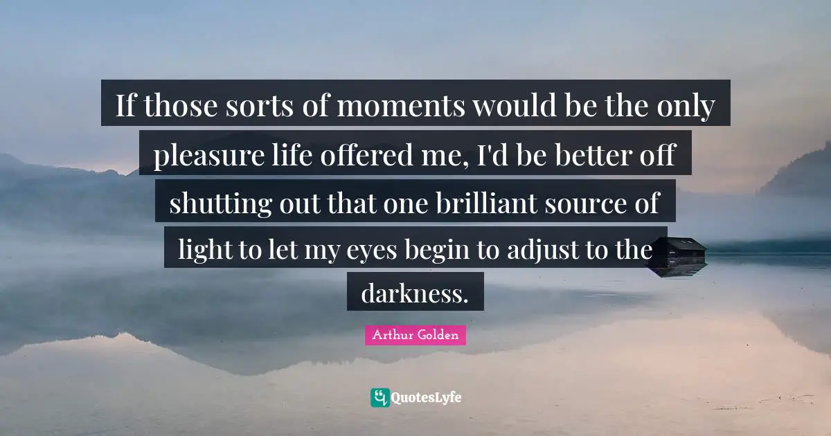 If those sorts of moments would be the only pleasure life offered me, I'd be better off shutting out that one brilliant source of light to let my eyes begin to adjust to the darkness.
