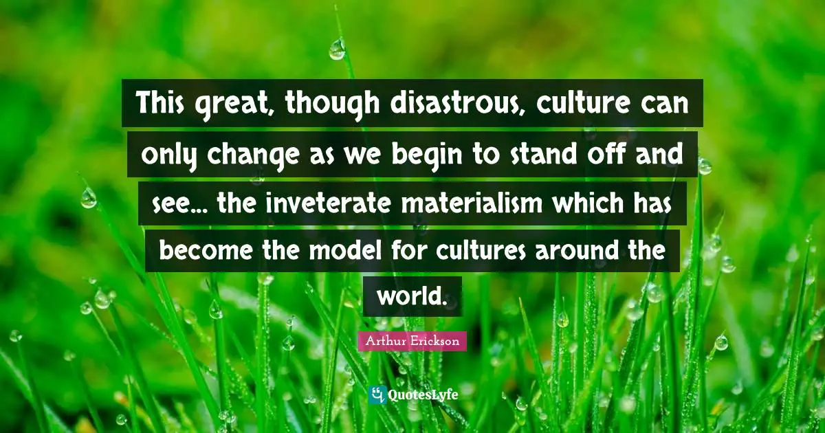 This great, though disastrous, culture can only change as we begin to stand off and see... the inveterate materialism which has become the model for cultures around the world.