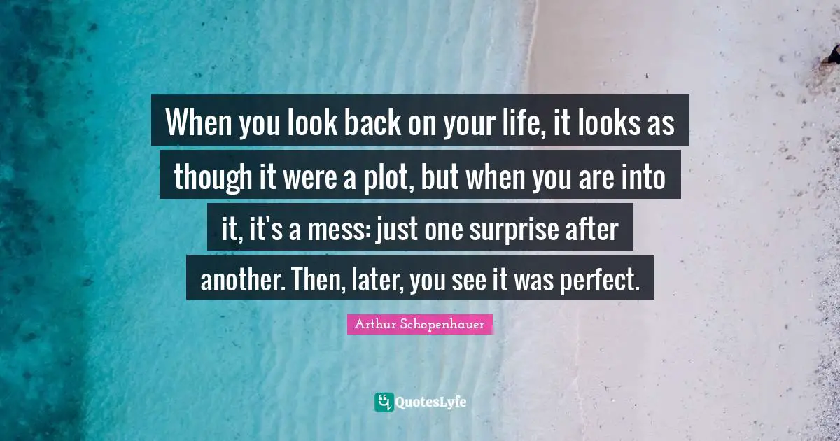 Arthur Schopenhauer Quotes: "When you look back on your life, it looks as though it were a plot, but when you are into it, it's a mess: just one surprise after another. Then, later, you see it was perfect."