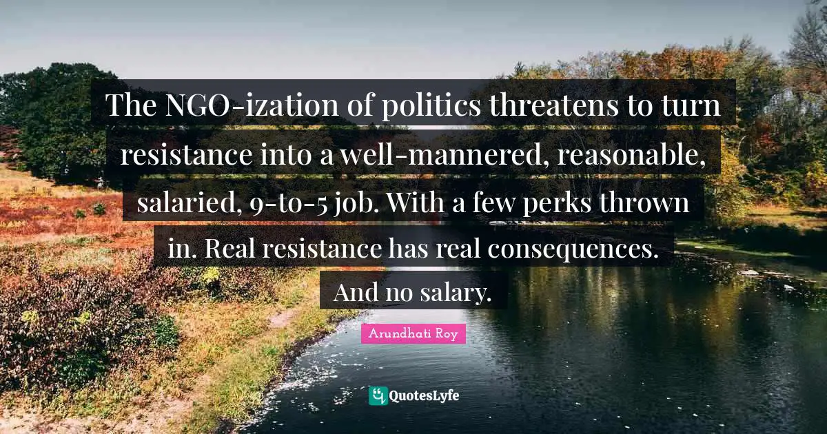 The NGO-ization of politics threatens to turn resistance into a well-mannered, reasonable, salaried, 9-to-5 job. With a few perks thrown in. Real resistance has real consequences. And no salary.