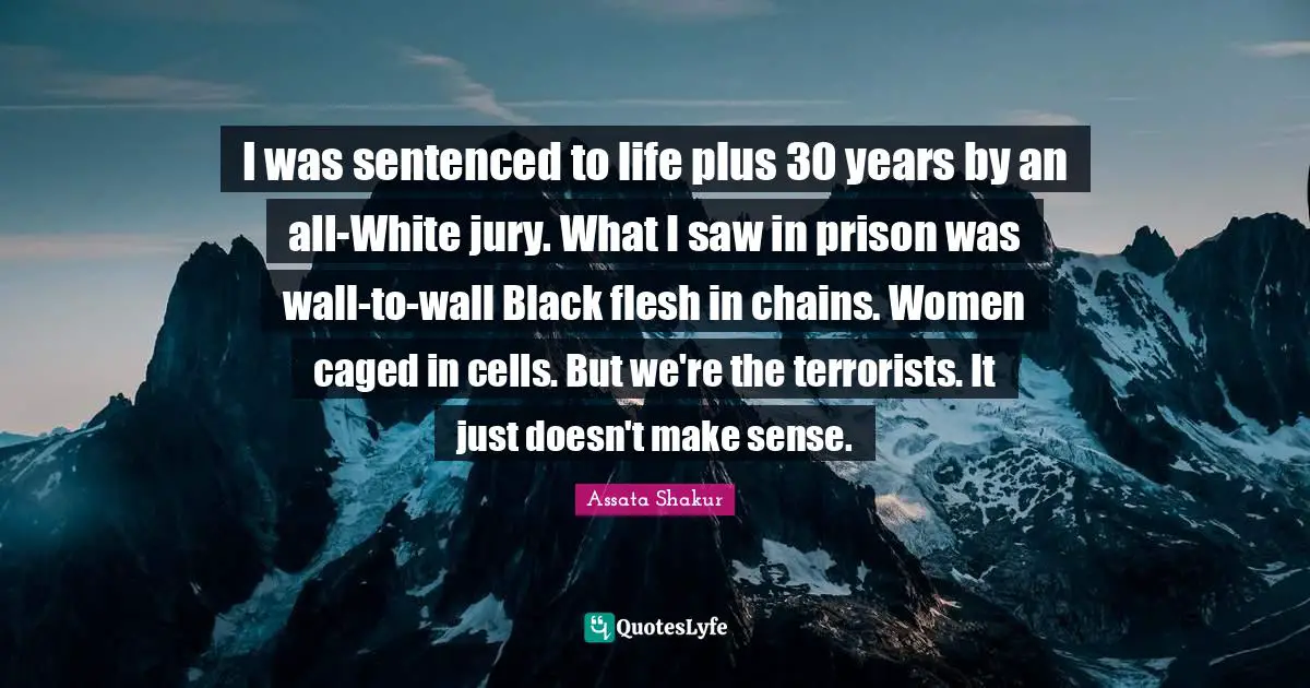 Assata Shakur Quotes: "I was sentenced to life plus 30 years by an all-White jury. What I saw in prison was wall-to-wall Black flesh in chains. Women caged in cells. But we're the terrorists. It just doesn't make sense."