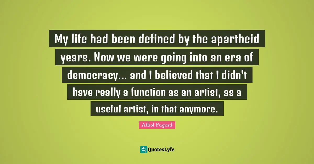 My life had been defined by the apartheid years. Now we were going into an era of democracy... and I believed that I didn't have really a function as an artist, as a useful artist, in that anymore.