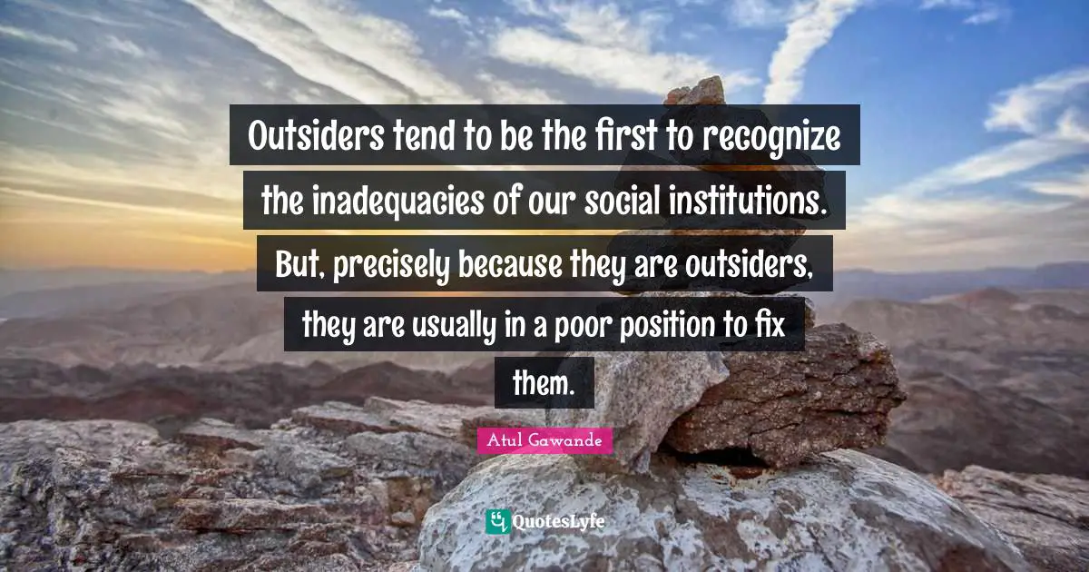 Outsiders tend to be the first to recognize the inadequacies of our social institutions. But, precisely because they are outsiders, they are usually in a poor position to fix them.