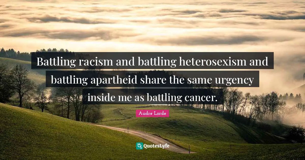 Battling racism and battling heterosexism and battling apartheid share the same urgency inside me as battling cancer.