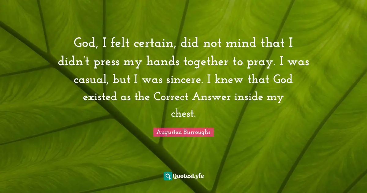 God, I felt certain, did not mind that I didn’t press my hands together to pray. I was casual, but I was sincere. I knew that God existed as the Correct Answer inside my chest.