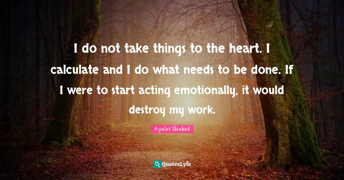 I do not take things to the heart. I calculate and I do what needs to be done. If I were to start acting emotionally, it would destroy my work.