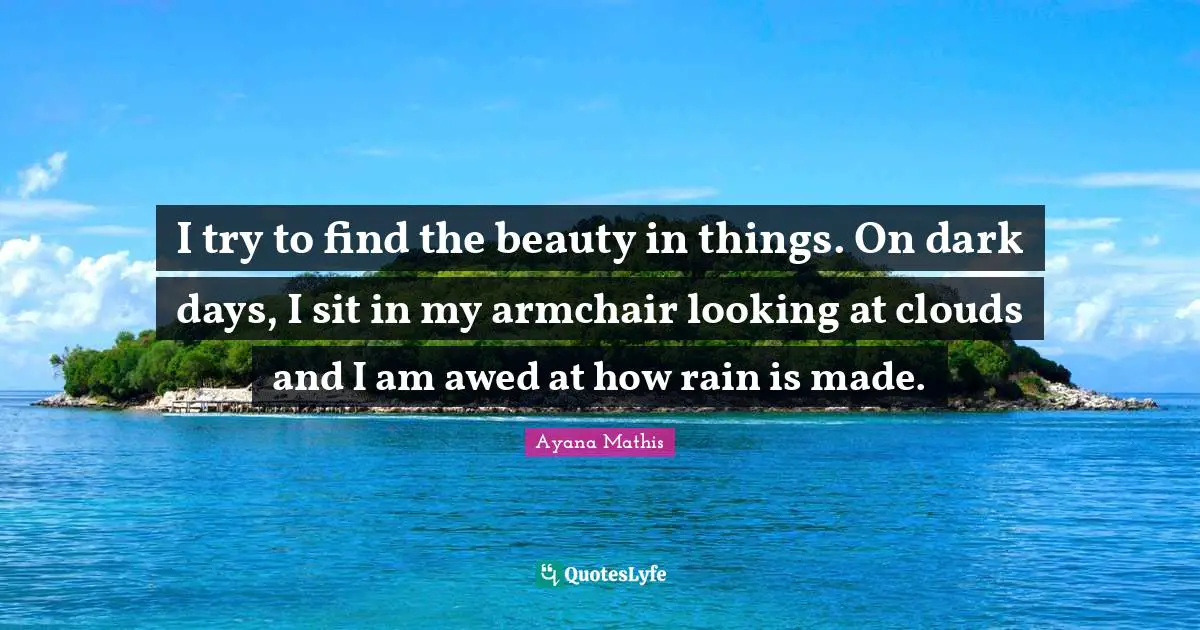 I try to find the beauty in things. On dark days, I sit in my armchair looking at clouds and I am awed at how rain is made.