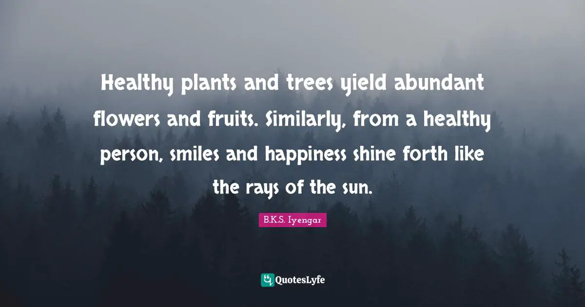 B.K.S. Iyengar Quotes: "Healthy plants and trees yield abundant flowers and fruits. Similarly, from a healthy person, smiles and happiness shine forth like the rays of the sun."