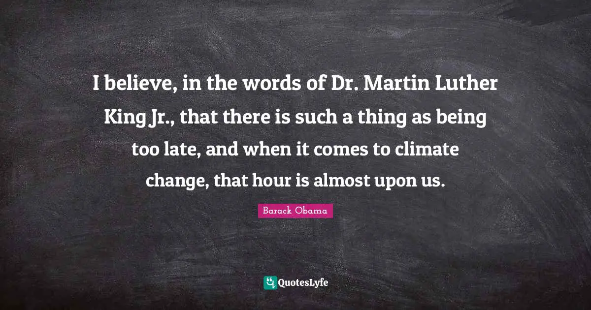 I believe, in the words of Dr. Martin Luther King Jr., that there is such a thing as being too late, and when it comes to climate change, that hour is almost upon us.