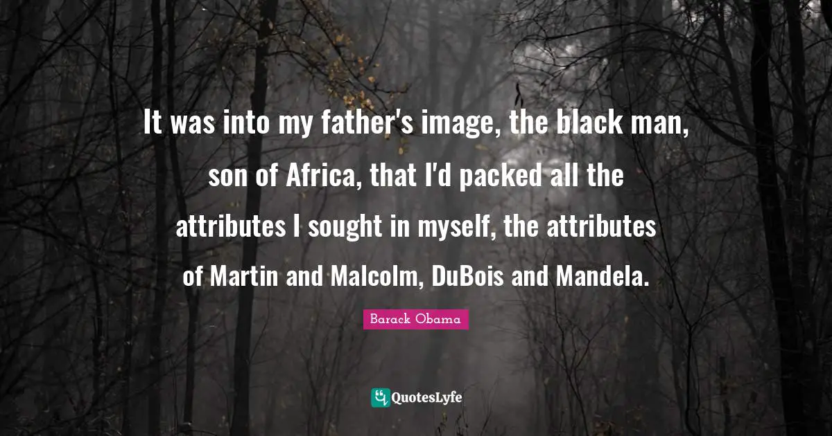 It was into my father's image, the black man, son of Africa, that I'd packed all the attributes I sought in myself, the attributes of Martin and Malcolm, DuBois and Mandela.