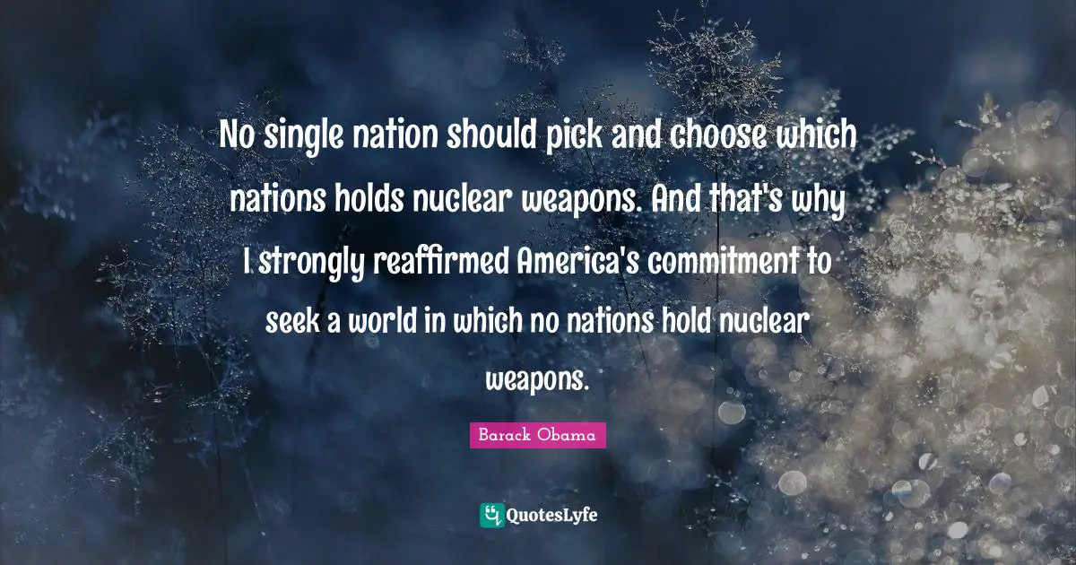 No single nation should pick and choose which nations holds nuclear weapons. And that's why I strongly reaffirmed America's commitment to seek a world in which no nations hold nuclear weapons.