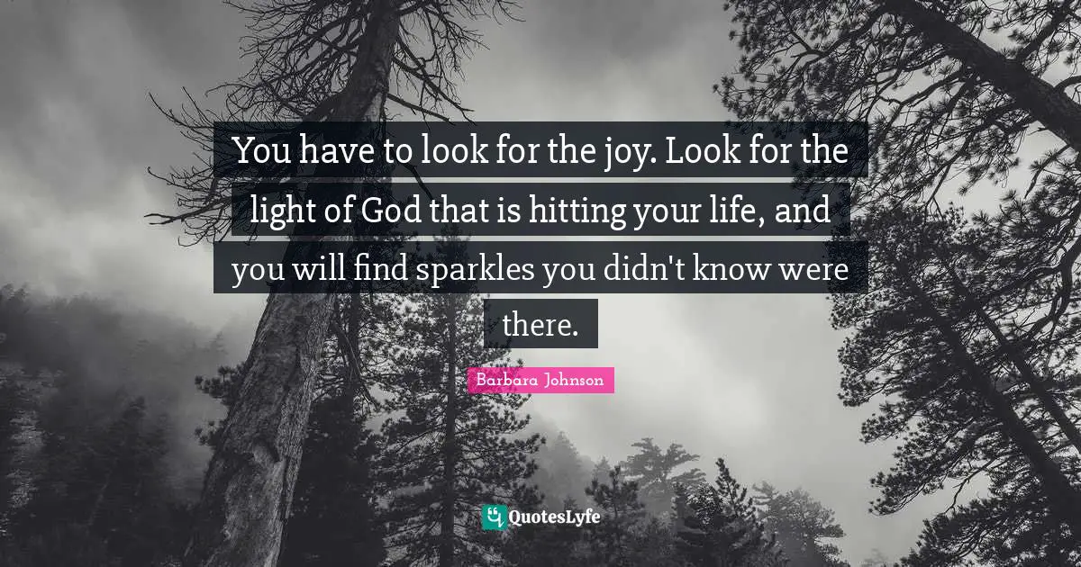 Barbara Johnson Quotes: "You have to look for the joy. Look for the light of God that is hitting your life, and you will find sparkles you didn't know were there."