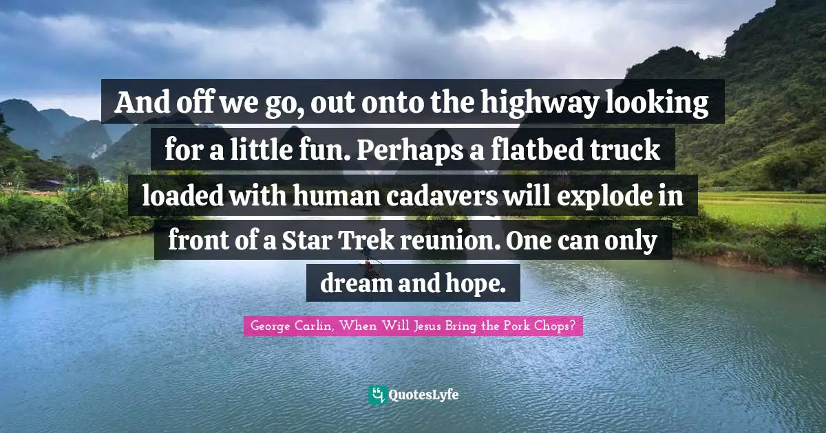 And off we go, out onto the highway looking for a little fun. Perhaps a flatbed truck loaded with human cadavers will explode in front of a Star Trek reunion. One can only dream and hope.