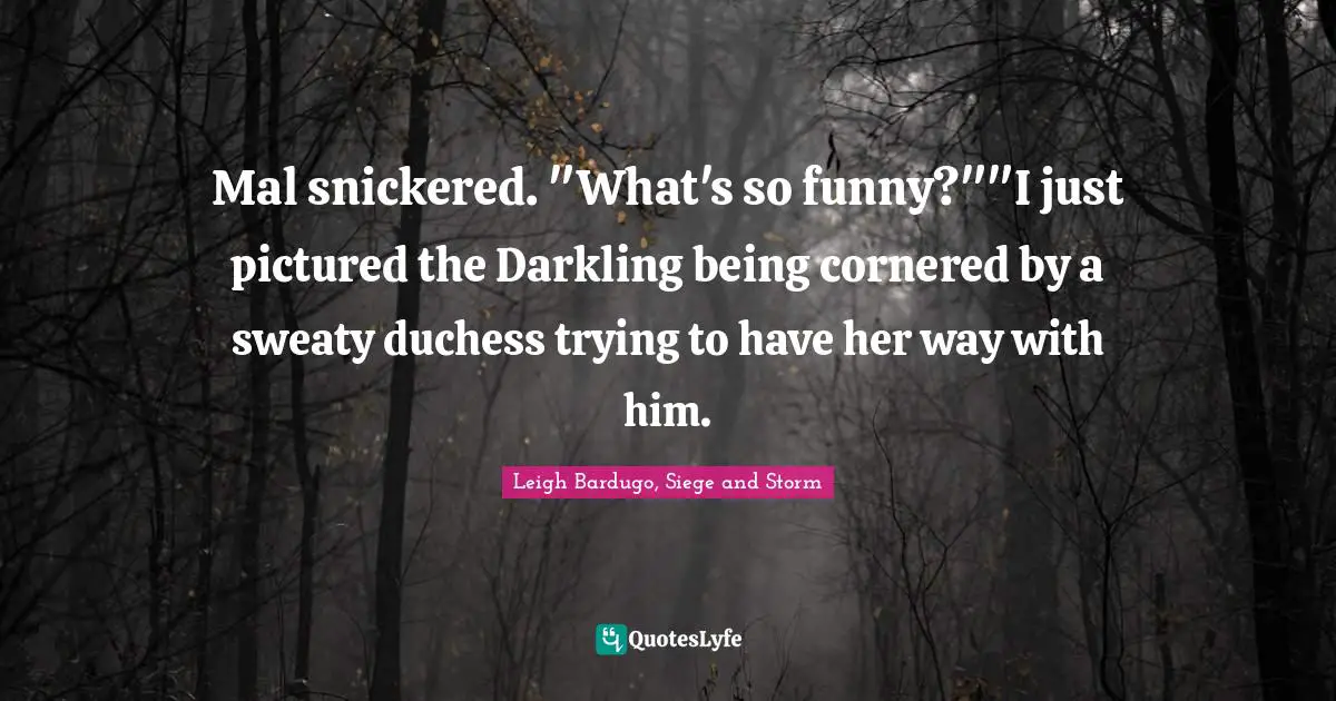 Mal snickered. "What's so funny?""I just pictured the Darkling being cornered by a sweaty duchess trying to have her way with him.
