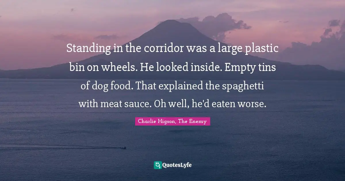 Standing in the corridor was a large plastic bin on wheels. He looked inside. Empty tins of dog food. That explained the spaghetti with meat sauce. Oh well, he'd eaten worse.