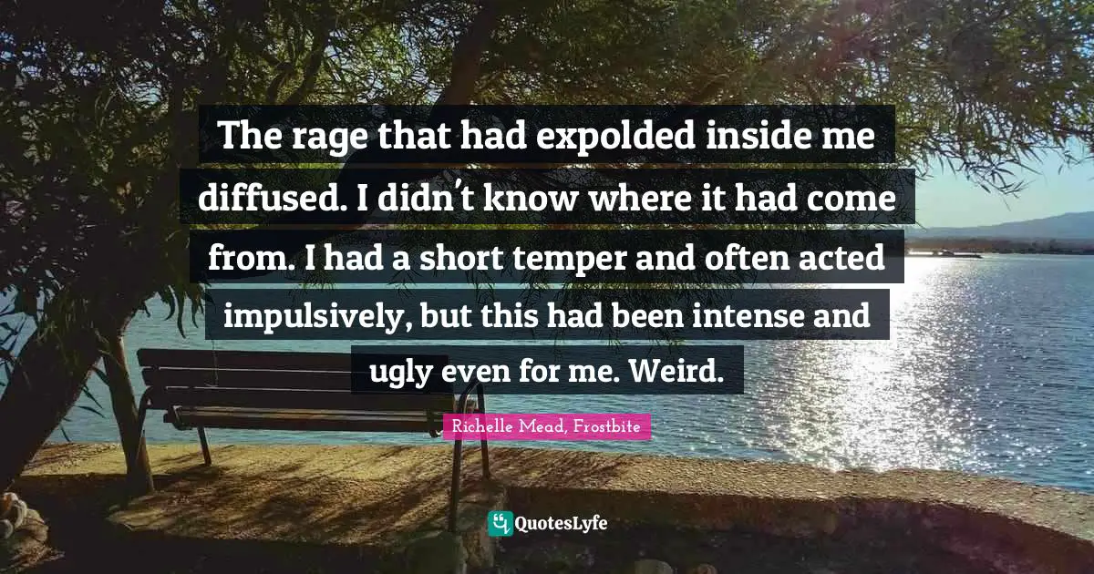 The rage that had expolded inside me diffused. I didn't know where it had come from. I had a short temper and often acted impulsively, but this had been intense and ugly even for me. Weird.
