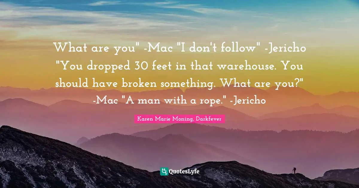 What are you" -Mac "I don't follow" -Jericho "You dropped 30 feet in that warehouse. You should have broken something. What are you?" -Mac "A man with a rope." -Jericho