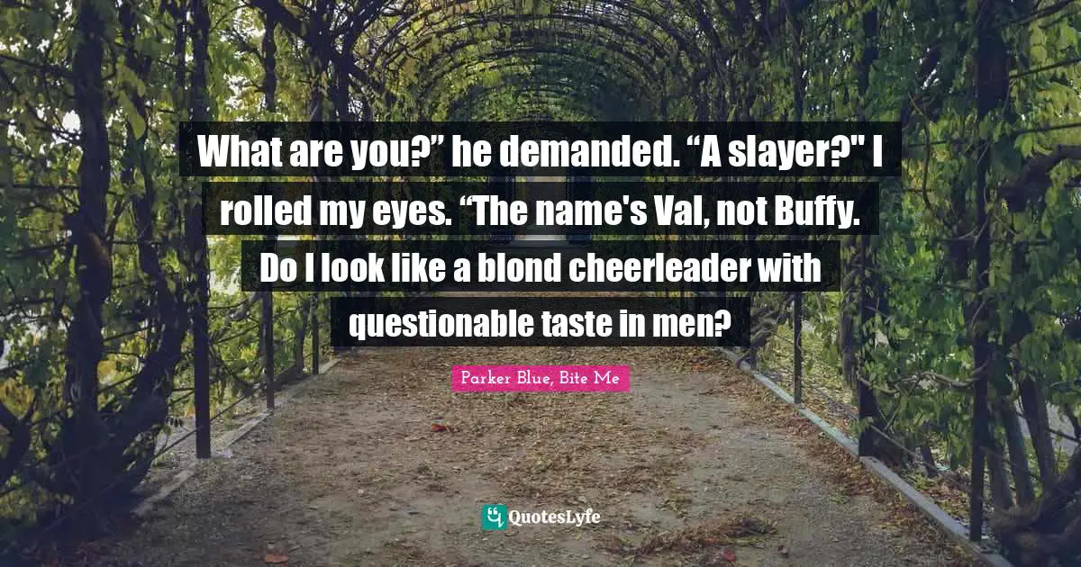 Reference Quotes: "What are you?” he demanded. “A slayer?" I rolled my eyes. “The name's Val, not Buffy. Do I look like a blond cheerleader with questionable taste in men?"