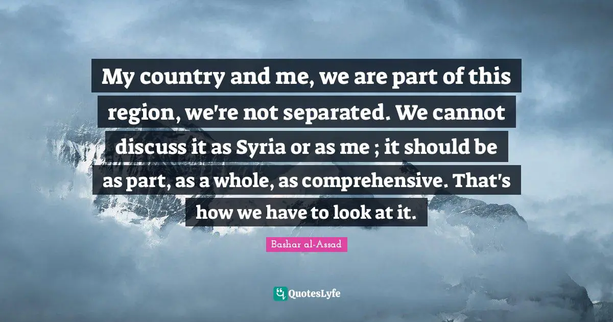 My country and me, we are part of this region, we're not separated. We cannot discuss it as Syria or as me ; it should be as part, as a whole, as comprehensive. That's how we have to look at it.