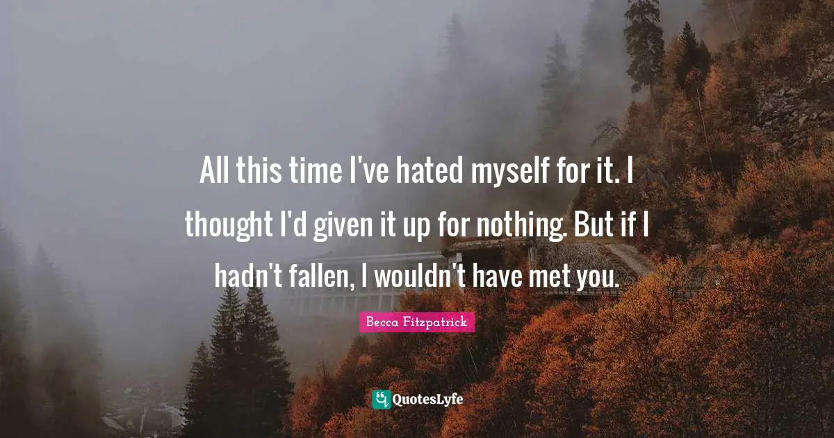 All this time I've hated myself for it. I thought I'd given it up for nothing. But if I hadn't fallen, I wouldn't have met you.