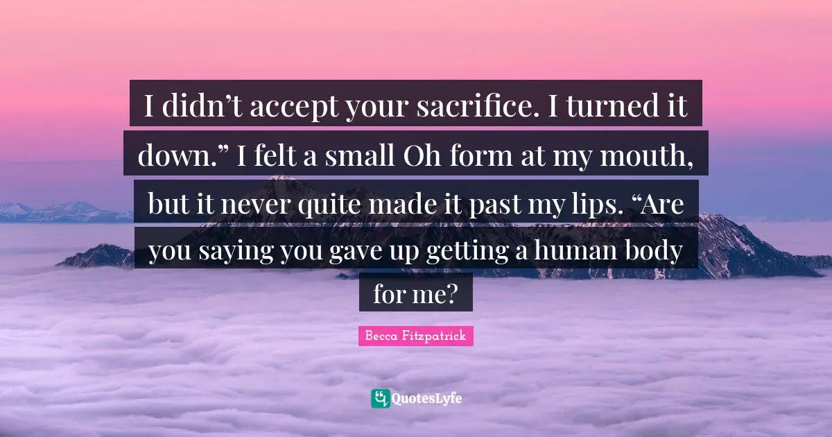 I didn’t accept your sacrifice. I turned it down.” I felt a small Oh form at my mouth, but it never quite made it past my lips. “Are you saying you gave up getting a human body for me?