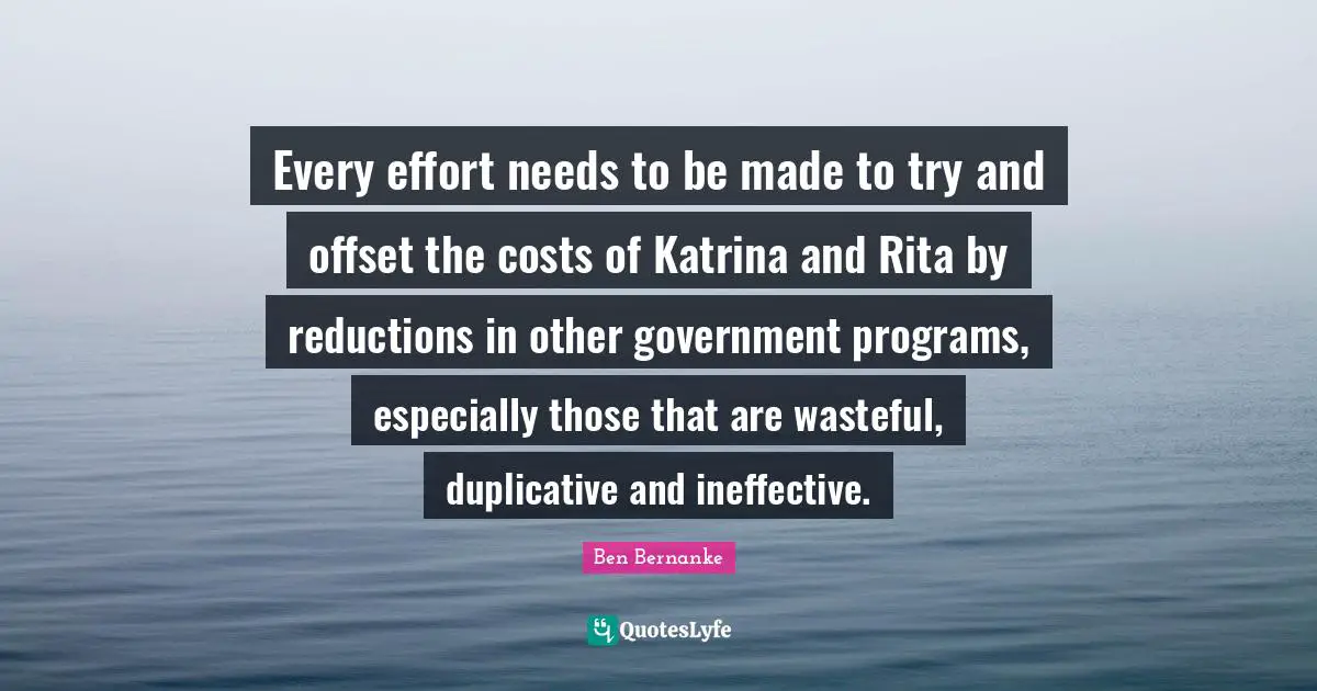 Every effort needs to be made to try and offset the costs of Katrina and Rita by reductions in other government programs, especially those that are wasteful, duplicative and ineffective.