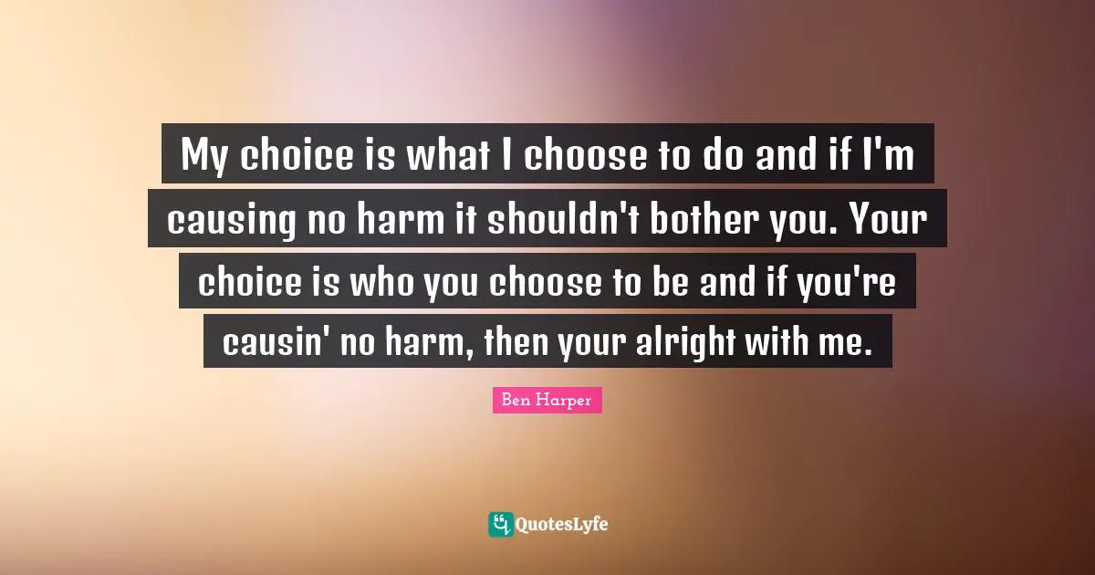 My choice is what I choose to do and if I'm causing no harm it shouldn't bother you. Your choice is who you choose to be and if you're causin' no harm, then your alright with me.