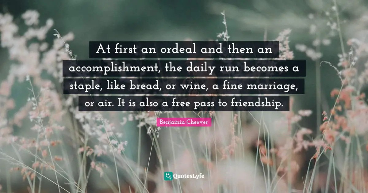 At first an ordeal and then an accomplishment, the daily run becomes a staple, like bread, or wine, a fine marriage, or air. It is also a free pass to friendship.