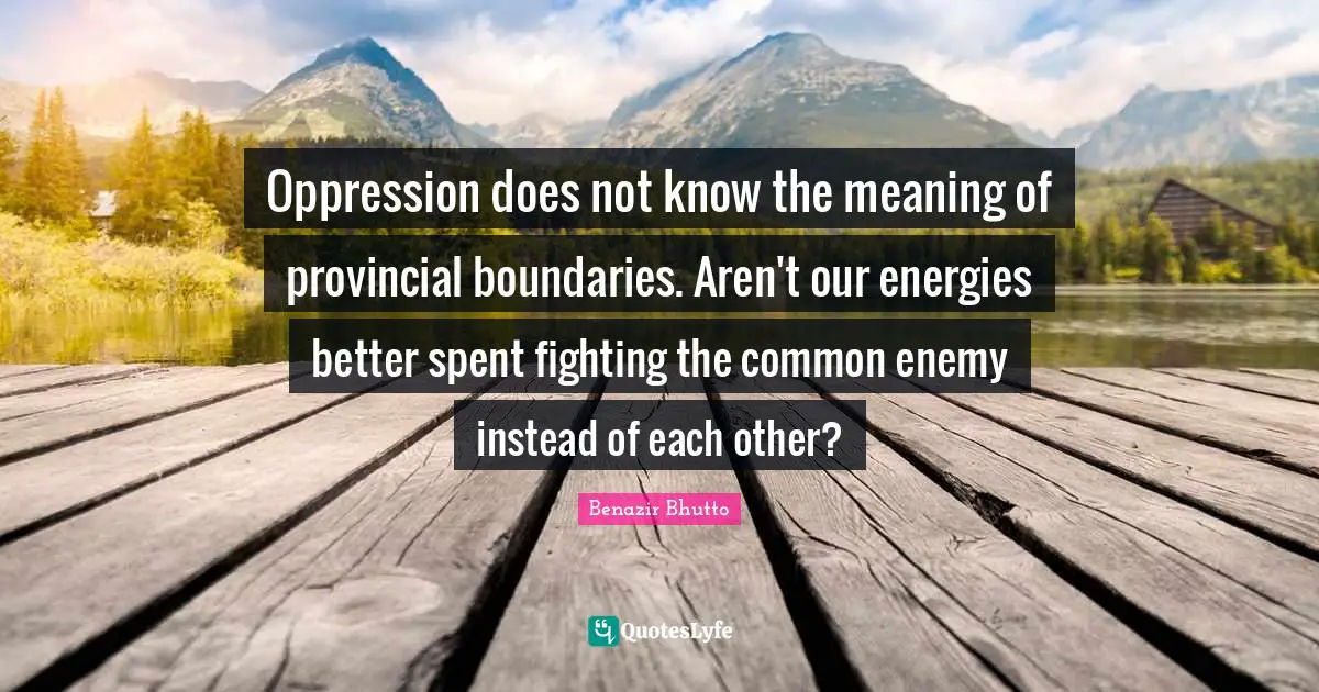 Benazir Bhutto Quotes: "Oppression does not know the meaning of provincial boundaries. Aren't our energies better spent fighting the common enemy instead of each other?"