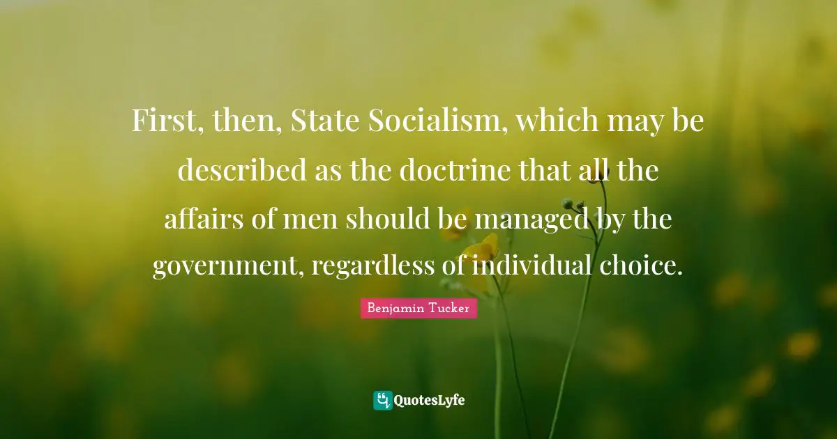 Swag Quotes: "First, then, State Socialism, which may be described as the doctrine that all the affairs of men should be managed by the government, regardless of individual choice."